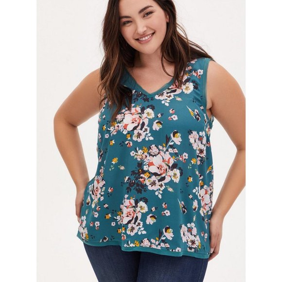 torrid Tops - NWT Torrid Floral Print Teal Georgette Raw Edge Tank